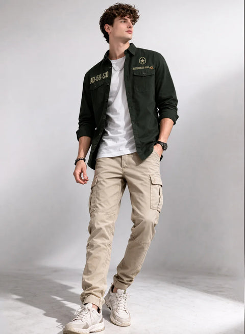 ADRO Mens Cargo Shirts in Regular Fit | Smart Dual Chest Pockets | Military Jacket Style | Green Shacket Style Cotton Printed Shirt
