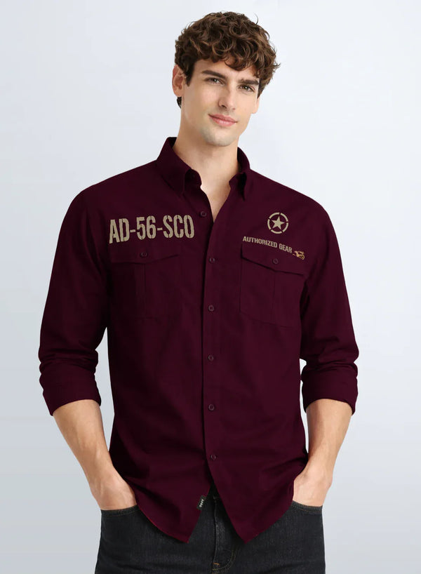 ADRO Mens Cargo Shirts in Regular Fit | Smart Dual Chest Pockets | Military Jacket Style | Maroon Shacket Style Cotton Printed Shirt