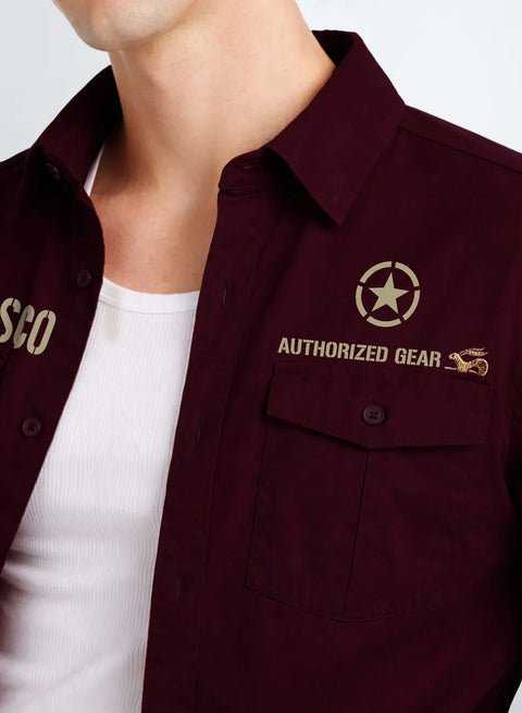 ADRO Mens Cargo Shirts in Regular Fit | Smart Dual Chest Pockets | Military Jacket Style | Maroon Shacket Style Cotton Printed Shirt