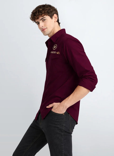 ADRO Mens Cargo Shirts in Regular Fit | Smart Dual Chest Pockets | Military Jacket Style | Maroon Shacket Style Cotton Printed Shirt