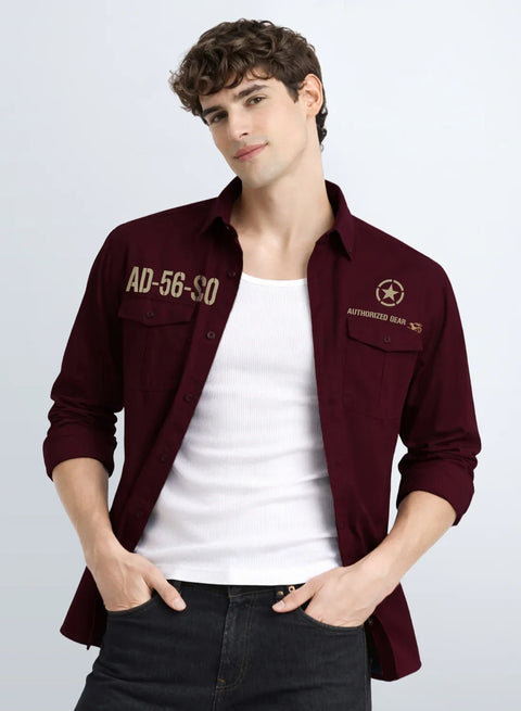 ADRO Mens Cargo Shirts in Regular Fit | Smart Dual Chest Pockets | Military Jacket Style | Maroon Shacket Style Cotton Printed Shirt