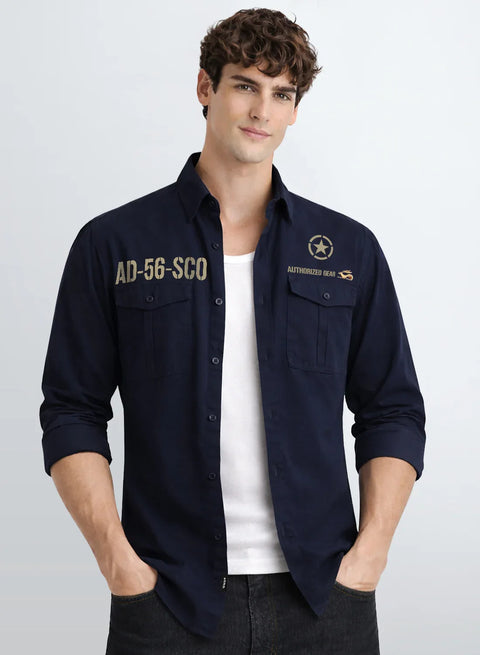 ADRO Mens Cargo Shirts in Regular Fit | Smart Dual Chest Pockets | Military Jacket Style | Navy Shacket Style Cotton Printed Shirt