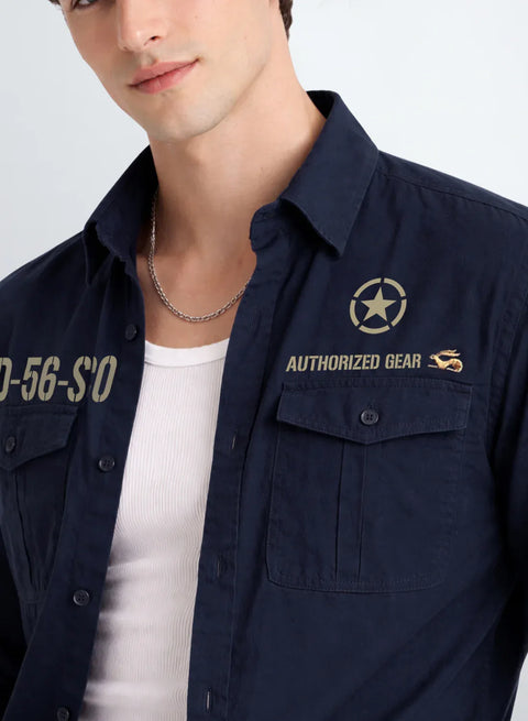ADRO Mens Cargo Shirts in Regular Fit | Smart Dual Chest Pockets | Military Jacket Style | Navy Shacket Style Cotton Printed Shirt