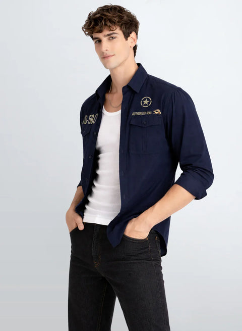 ADRO Mens Cargo Shirts in Regular Fit | Smart Dual Chest Pockets | Military Jacket Style | Navy Shacket Style Cotton Printed Shirt