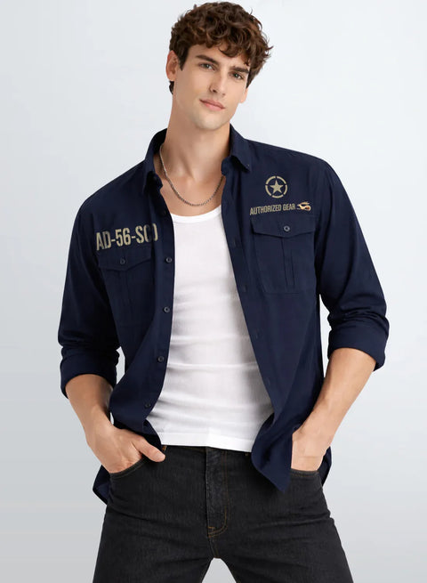 ADRO Mens Cargo Shirts in Regular Fit | Smart Dual Chest Pockets | Military Jacket Style | Navy Shacket Style Cotton Printed Shirt