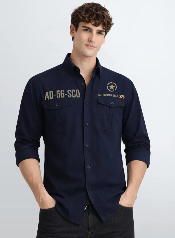 ADRO Mens Cargo Shirts in Regular Fit | Smart Dual Chest Pockets | Military Jacket Style | Navy  Shacket Style Cotton Printed Shirt