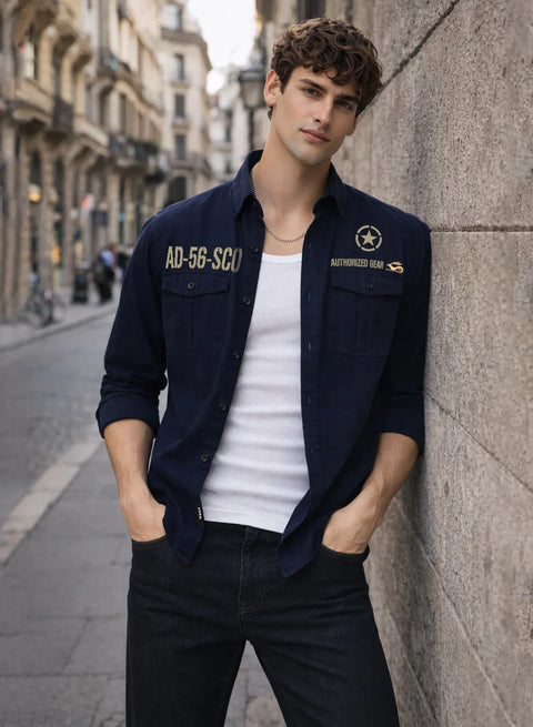 ADRO Mens Cargo Shirts in Regular Fit | Smart Dual Chest Pockets | Military Jacket Style | Navy Shacket Style Cotton Printed Shirt