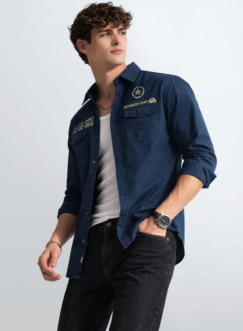 ADRO Mens Cargo Shirts in Regular Fit | Smart Dual Chest Pockets | Military Jacket Style | Teal Shacket Style Cotton Printed Shirt