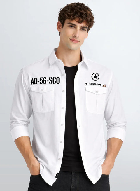 ADRO Mens Cargo Shirts in Regular Fit | Smart Dual Chest Pockets | Military Jacket Style | White Shacket Style Cotton Printed Shirt