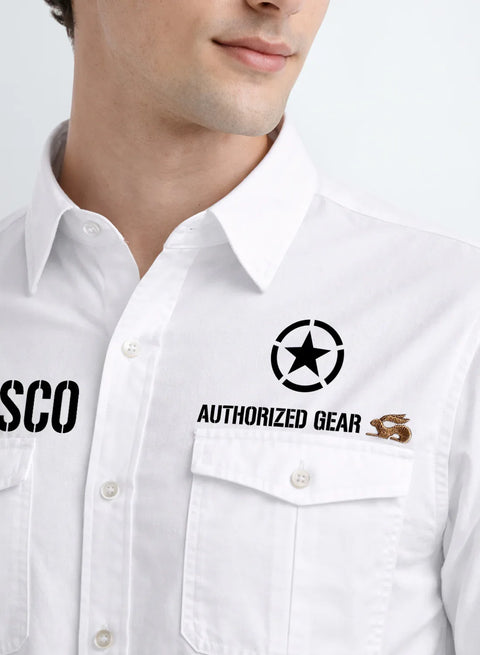 ADRO Mens Cargo Shirts in Regular Fit | Smart Dual Chest Pockets | Military Jacket Style | White Shacket Style Cotton Printed Shirt