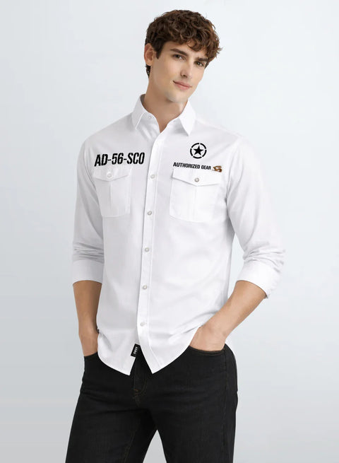 ADRO Mens Cargo Shirts in Regular Fit | Smart Dual Chest Pockets | Military Jacket Style | White Shacket Style Cotton Printed Shirt