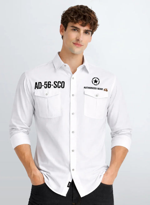 ADRO Mens Cargo Shirts in Regular Fit | Smart Dual Chest Pockets | Military Jacket Style | White Shacket Style Cotton Printed Shirt White