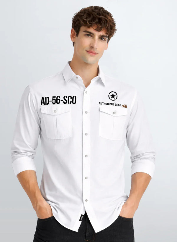 ADRO Mens Cargo Shirts in Regular Fit | Smart Dual Chest Pockets | Military Jacket Style | White Shacket Style Cotton Printed Shirt