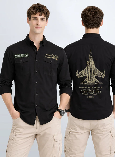 ADRO Mens Cargo Shirts in Regular Fit | Smart Dual Chest Pockets | Summer Military Jacket Style | Shacket Style Cotton Printed Shirt Black