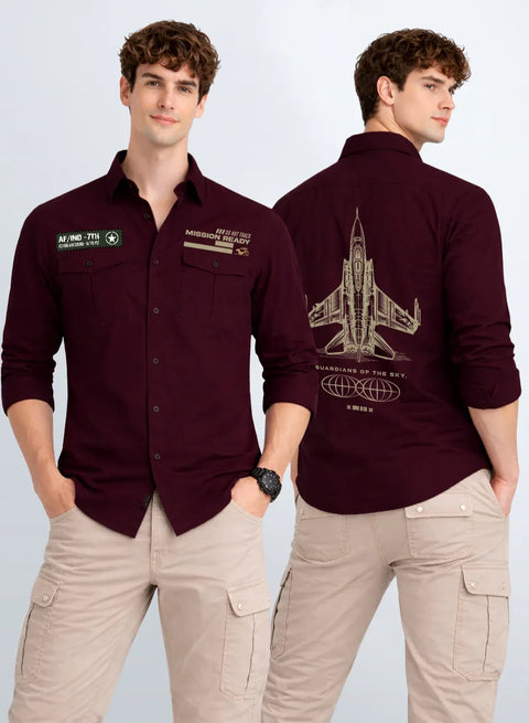 ADRO Mens Cargo Shirts in Regular Fit | Smart Dual Chest Pockets | Summer Military Jacket Style | Shacket Style Cotton Printed Shirt Maroon