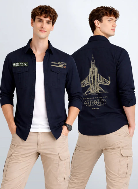 ADRO Mens Cargo Shirts in Regular Fit | Smart Dual Chest Pockets | Summer Military Jacket Style | Shacket Style Cotton Printed Shirt Navy Blue