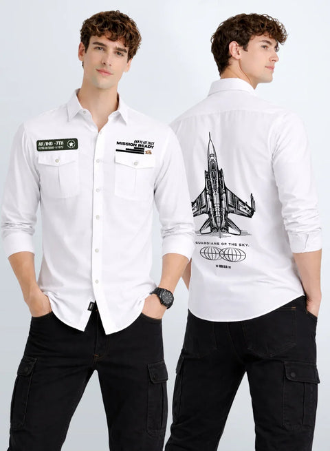 ADRO Mens Cargo Shirts in Regular Fit | Smart Dual Chest Pockets | Summer Military Jacket Style | Shacket Style Cotton Printed Shirt White