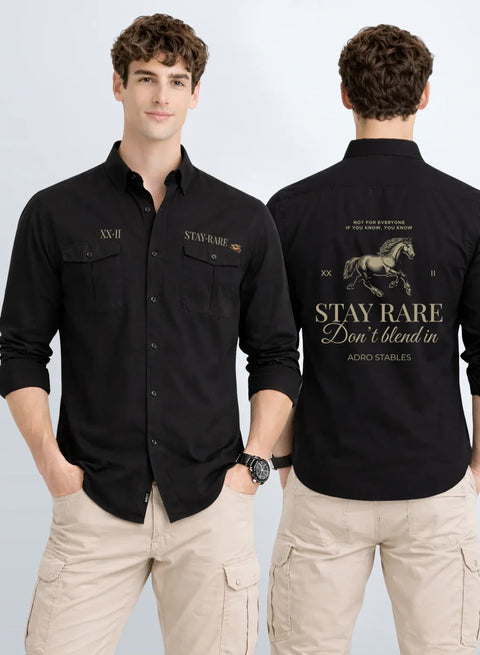 ADRO Mens Cargo Shirts in Regular Fit | Smart Dual Chest Pockets | Stylish Military Jacket Design | Shacket Style Cotton Printed Shirt Black