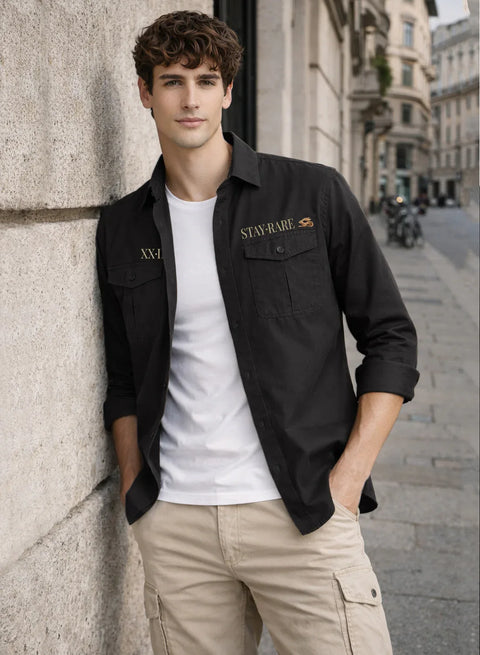ADRO Mens Cargo Shirts in Regular Fit | Smart Dual Chest Pockets | Stylish Military Jacket Design | Shacket Style Cotton Printed Shirt