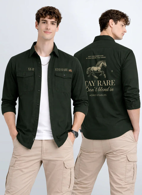 ADRO Mens Cargo Shirts in Regular Fit | Smart Dual Chest Pockets | Stylish Military Jacket Design | Shacket Style Cotton Printed Shirt Green