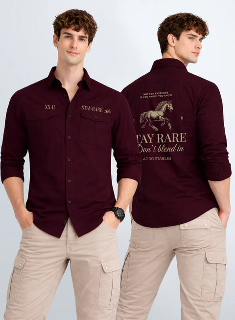 ADRO Mens Cargo Shirts in Regular Fit | Smart Dual Chest Pockets | Stylish Military Jacket Design | Shacket Style Cotton Printed Shirt Maroon