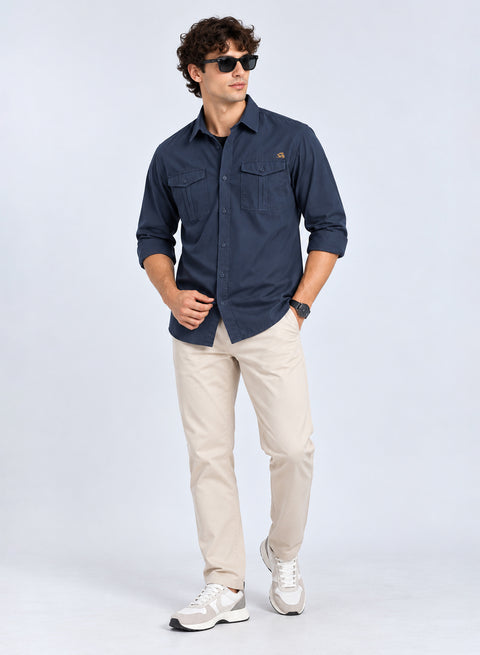 ADRO Cargo Shirts for Men | Full Sleeve Button Down Utility Pockets Cargo Shirt | Captain Blue | Regular Fit | Casual Shacket Style