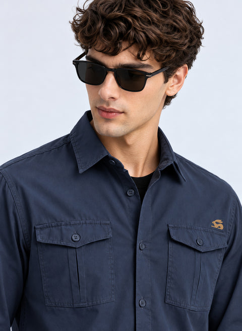ADRO Cargo Shirts for Men | Full Sleeve Button Down Utility Pockets Cargo Shirt | Captain Blue | Regular Fit | Casual Shacket Style