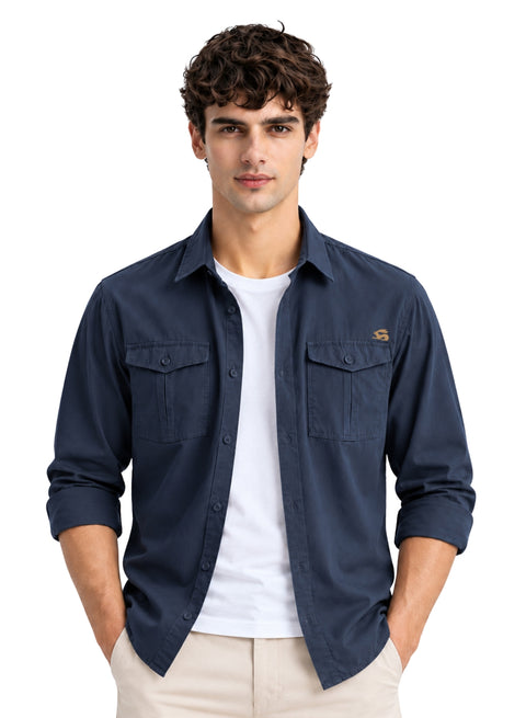 ADRO Cargo Shirts for Men | Full Sleeve Button Down Utility Pockets Cargo Shirt | Captain Blue | Regular Fit | Casual Shacket Style