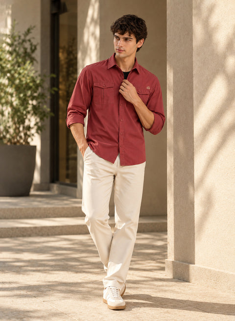 ADRO Cargo Shirts for Men | Full Sleeve Button Down Utility Pockets Cargo Shirt | Dusty Rose | Regular Fit | Casual Shacket Style