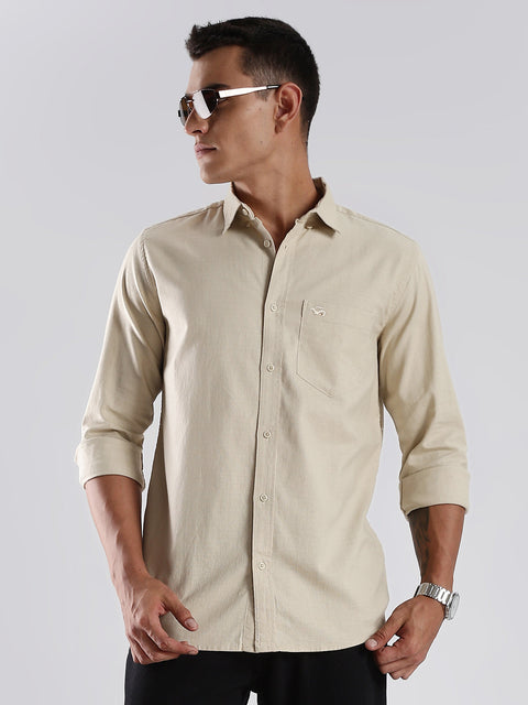 Adro Men's Cotton Full Sleeve Regular Fit Casual Solid Shirt (Regular Fit | Solid Cotton Linen Beige Shirt | All Day Fresh)
