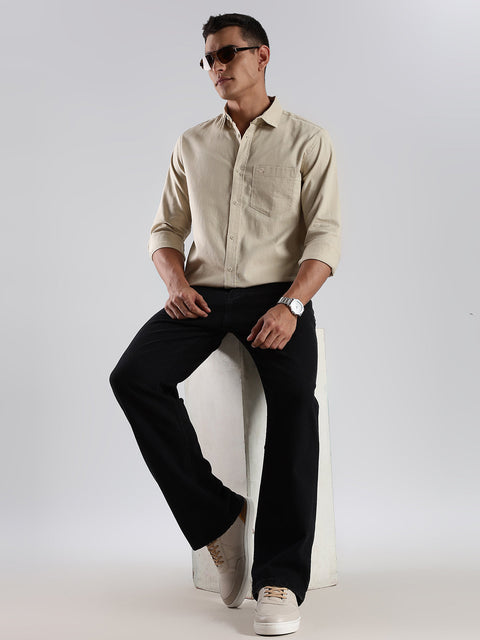 Adro Men's Cotton Full Sleeve Regular Fit Casual Solid Shirt (Regular Fit | Solid Cotton Linen Beige Shirt | All Day Fresh)