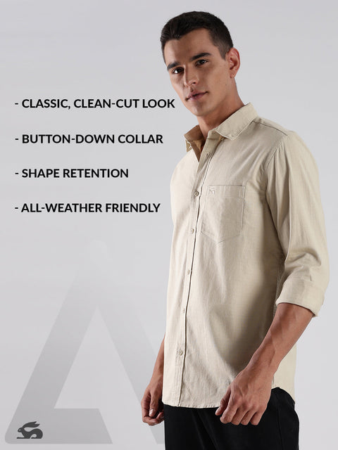 Adro Men's Cotton Full Sleeve Regular Fit Casual Solid Shirt (Regular Fit | Solid Cotton Linen Beige Shirt | All Day Fresh)