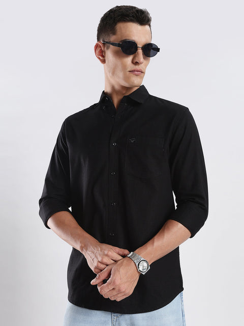 Adro Men's Cotton Full Sleeve Regular Fit Casual Solid Shirt (Regular Fit | Solid Cotton Linen Black Shirt | All Day Fresh)
