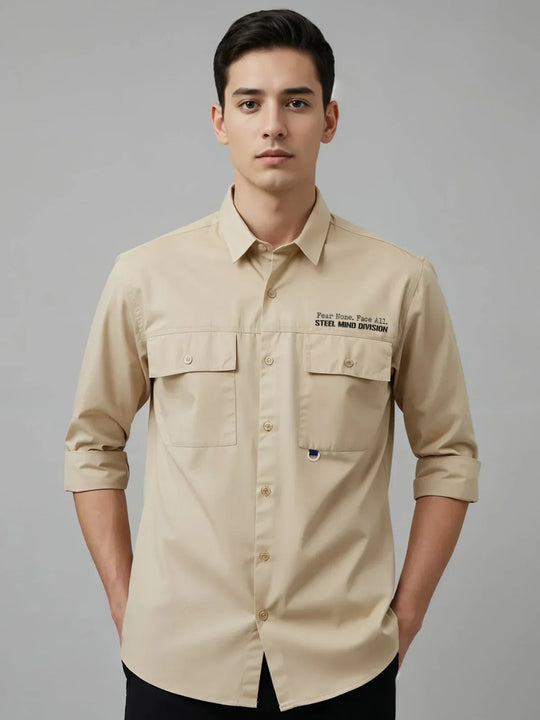 Adro Mens Cotton Twill Cargo Shirt Beige – Full Sleeve Casual Shirt with Chest Pockets | Stylish Outdoor Travel Shirt | Regular Shirts for men