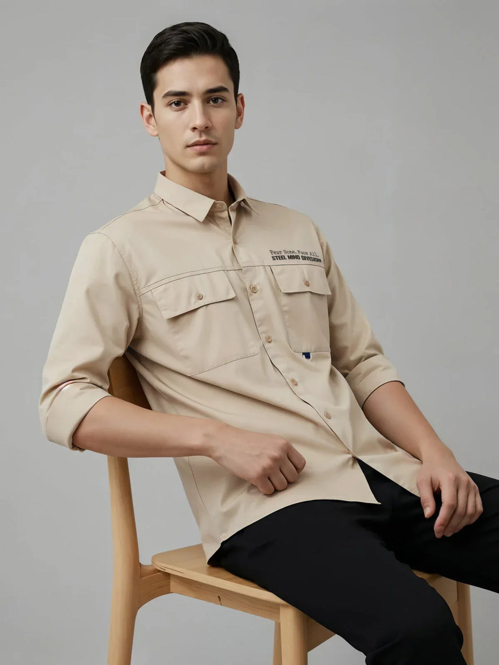 Adro Mens Cotton Twill Cargo Shirt Beige – Full Sleeve Casual Shirt with Chest Pockets | Stylish Outdoor Travel Shirt | Regular Shirts for men