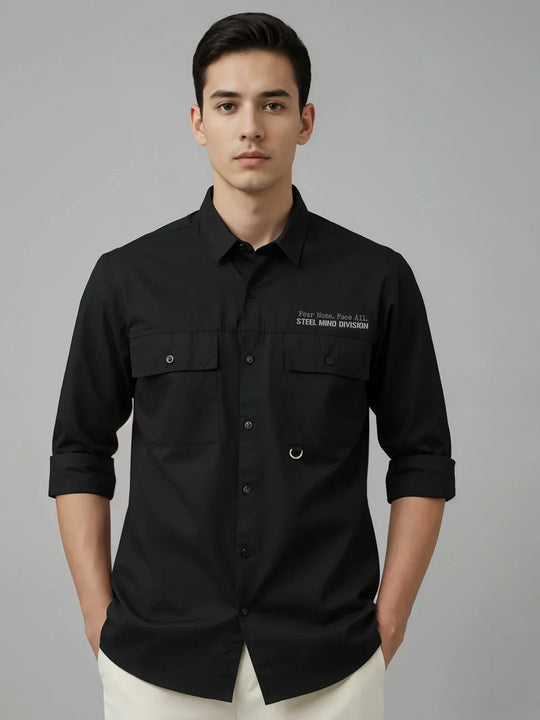 Adro Mens Cotton Twill Cargo Shirt Black – Full Sleeve Casual Shirt with Chest Pockets | Stylish Outdoor Travel Shirt | Regular Shirts for men