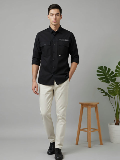 Adro Mens Cotton Twill Cargo Shirt Black – Full Sleeve Casual Shirt with Chest Pockets | Stylish Outdoor Travel Shirt | Regular Shirts for men