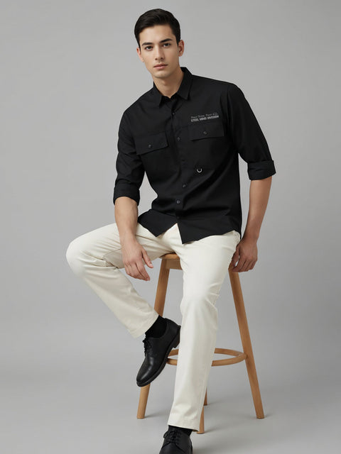 Adro Mens Cotton Twill Cargo Shirt Black – Full Sleeve Casual Shirt with Chest Pockets | Stylish Outdoor Travel Shirt | Regular Shirts for men