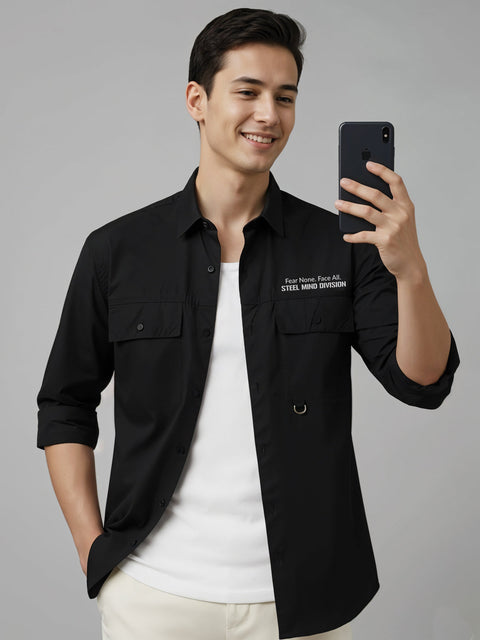 Adro Mens Cotton Twill Cargo Shirt Black – Full Sleeve Casual Shirt with Chest Pockets | Stylish Outdoor Travel Shirt | Regular Shirts for men