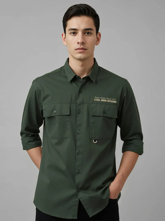 Adro Mens Cotton Twill Cargo Shirt Green – Full Sleeve Casual Shirt with Chest Pockets | Stylish Outdoor Travel Shirt | Regular Shirts for men
