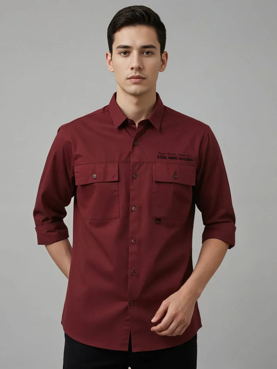 Adro Mens Cotton Twill Cargo Shirt Maroon – Full Sleeve Casual Shirt with Chest Pockets | Stylish Outdoor Travel Shirt | Regular Shirts for men