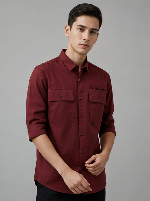 Adro Mens Cotton Twill Cargo Shirt Maroon – Full Sleeve Casual Shirt with Chest Pockets | Stylish Outdoor Travel Shirt | Regular Shirts for men