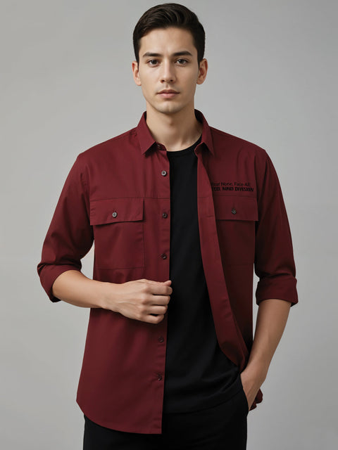Adro Mens Cotton Twill Cargo Shirt Maroon – Full Sleeve Casual Shirt with Chest Pockets | Stylish Outdoor Travel Shirt | Regular Shirts for men
