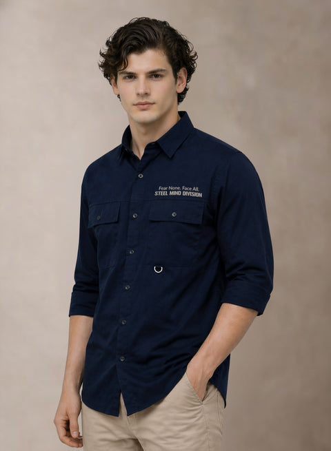 Adro Mens Cotton Twill Cargo Shirt Navy – Full Sleeve Casual Shirt with Chest Pockets | Stylish Outdoor Travel Shirt | Regular Shirts for men