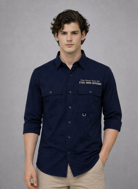 Adro Mens Cotton Twill Cargo Shirt Navy – Full Sleeve Casual Shirt with Chest Pockets | Stylish Outdoor Travel Shirt | Regular Shirts for men