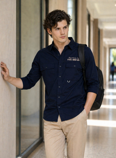 Adro Mens Cotton Twill Cargo Shirt Navy – Full Sleeve Casual Shirt with Chest Pockets | Stylish Outdoor Travel Shirt | Regular Shirts for men
