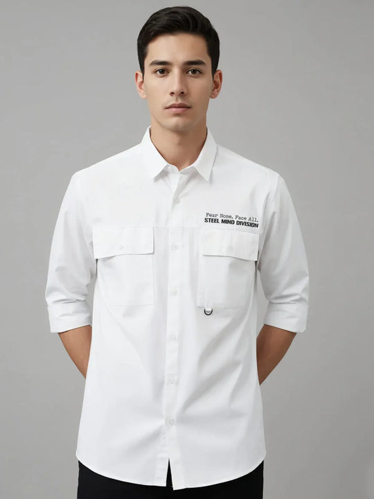 Adro Mens Cotton Twill Cargo Shirt White – Full Sleeve Casual Shirt with Chest Pockets | Stylish Outdoor Travel Shirt | Regular Shirts for men