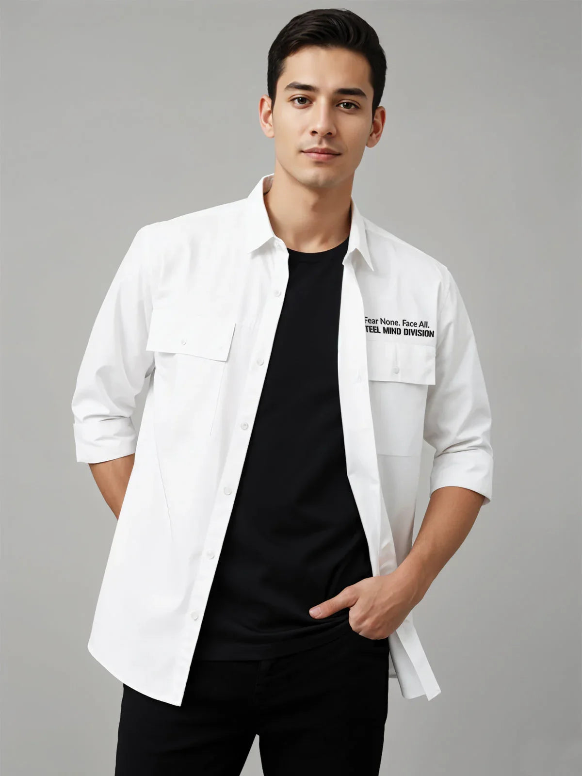 Adro Mens Cotton Twill Cargo Shirt White – Full Sleeve Casual Shirt with Chest Pockets | Stylish Outdoor Travel Shirt | Regular Shirts for men