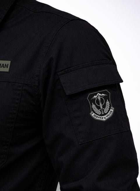 ADRO Men’s Solid Black Cargo Shirt| Premium Cotton Casual Shirts for Men | Zipper Pocket & Military Style Velcro Badge | Limited Stock