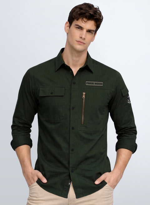 ADRO Men’s Solid Green Cargo Shirt| Premium Cotton Casual Shirts for Men | Zipper Pocket & Military Style Velcro Badge | Limited Stock